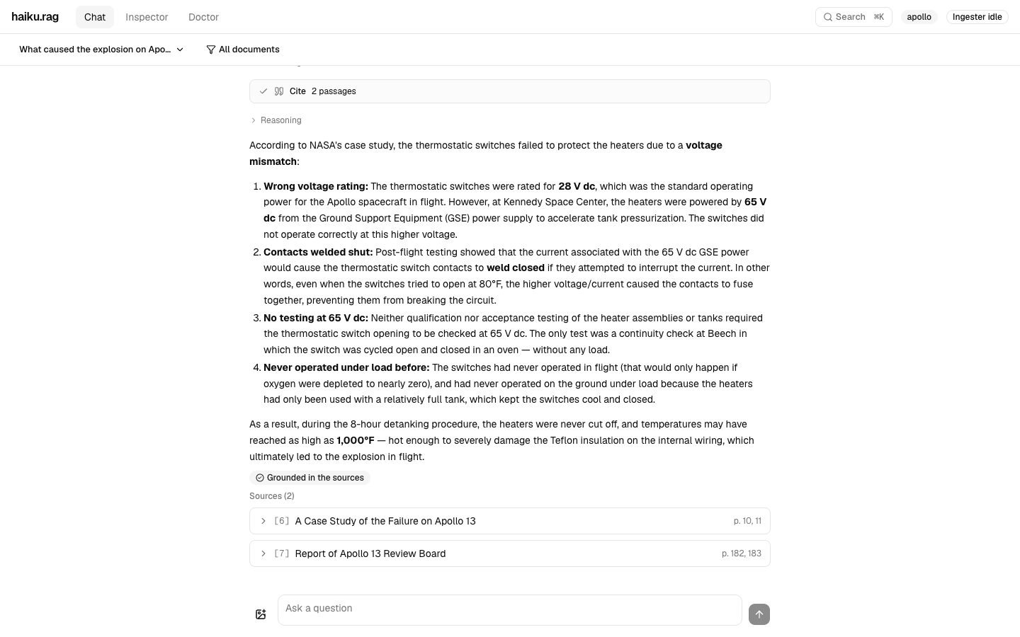 Chat: an answer with the agent's steps and its sources